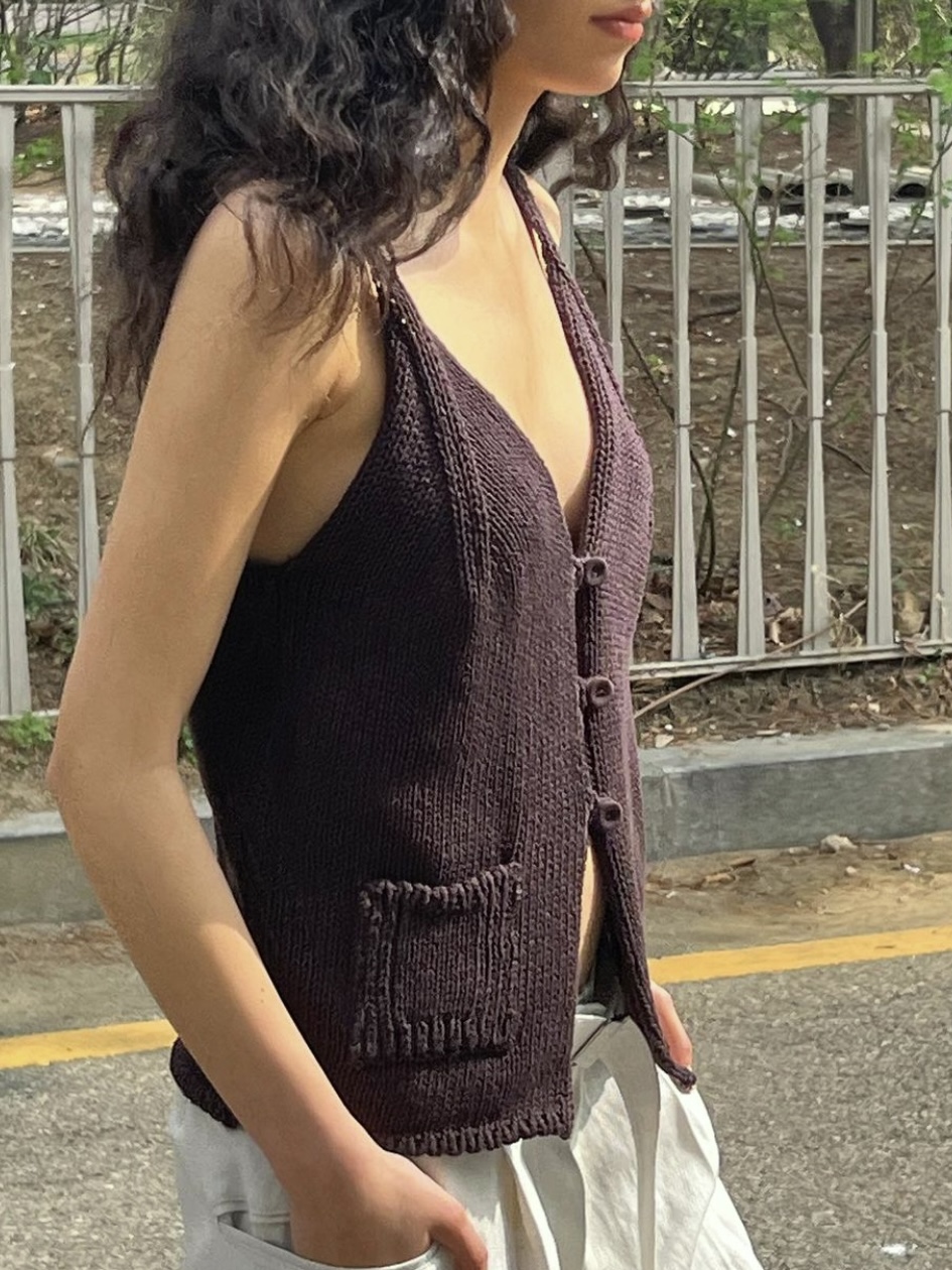 cotton knit vest-dark brown