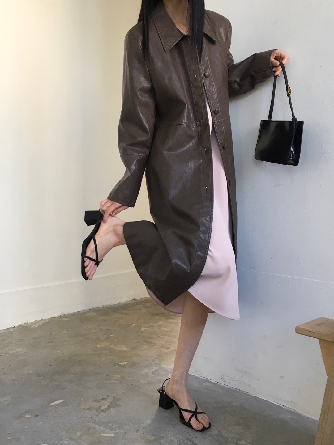 slim long leather coat-brown(15일pm8마감)